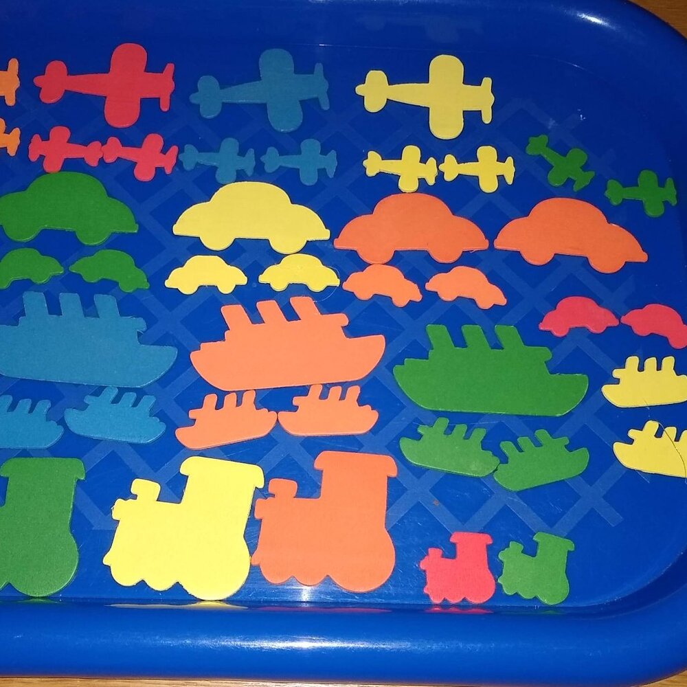 Wooden Transportation Shapes Colored Cut out: Train, Boat, Car, Airplane New